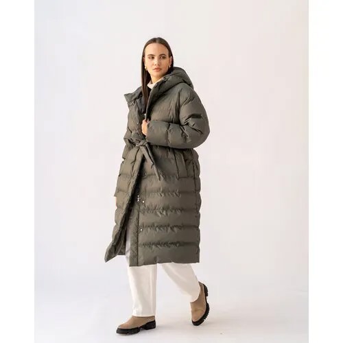 Куртка  Modress зимняя, силуэт свободный, капюшон, карманы, пояс/ремень, размер 50, хаки