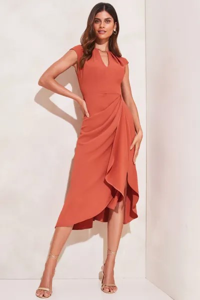 Драпированное платье миди с короткими рукавами и каплевидным вырезом Lipsy, оранжевый