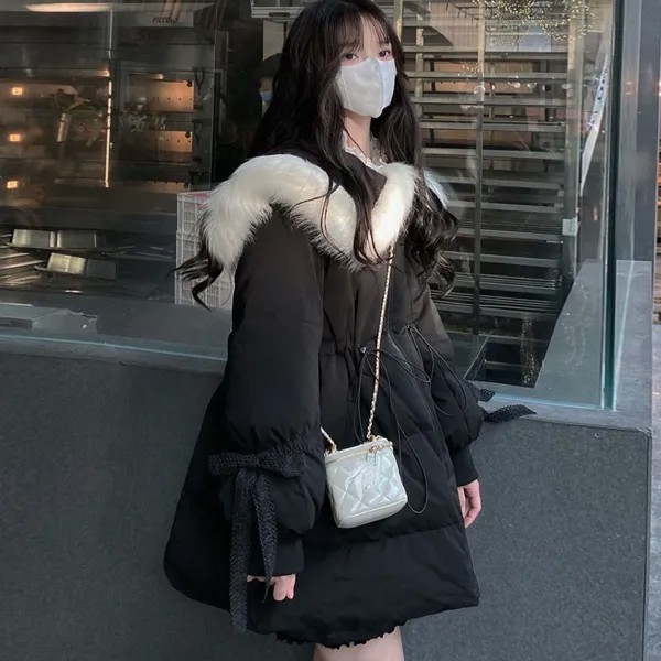 Японская Зимняя Толстая Меховая куртка с капюшоном, кавайное женское лоскутное пальто на молнии с бантом, Корейская пуховая куртка, милые п...