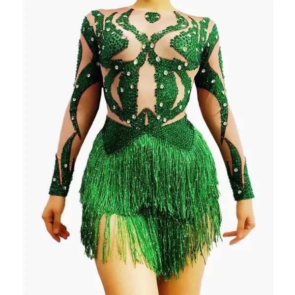 Телесный с длинным рукавом Блестящие Зеленые стразы кисточки сексуальные боди для женщин ночной клуб DJ одежда сценический певец костюмы