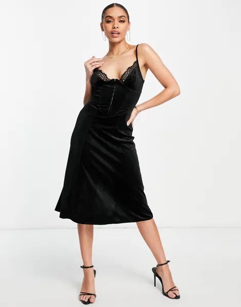 Черное бархатное платье миди с корсетом и крючком ASOS DESIGN