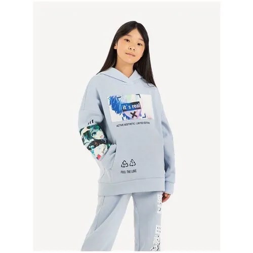 Голубое худи oversize с аниме-принтом для девочки Gloria Jeans, размер 12-14л/158-164