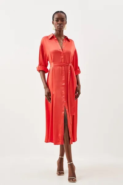 Платье-рубашка мидакси с длинными рукавами и поясом премиум-класса из вискозного атласа Karen Millen, красный