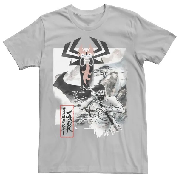 Мужская футболка Cartoon Network Samurai Jack Aku с акварельной краской и эскизом Licensed Character, серебристый