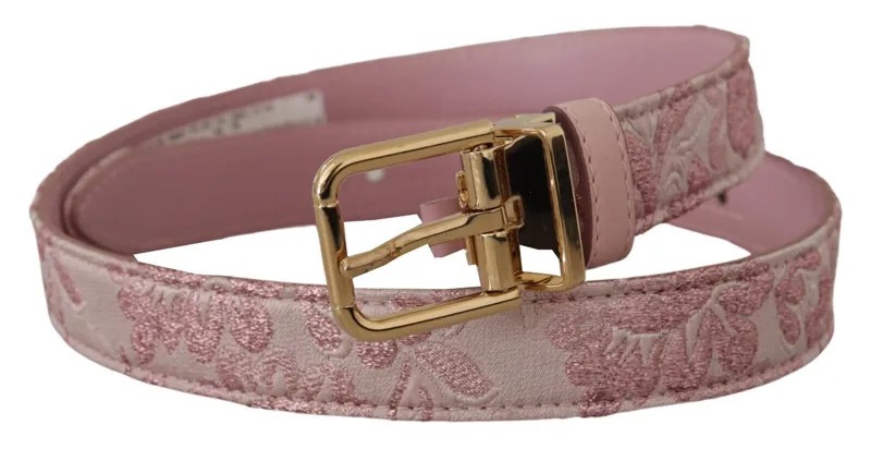 DOLCE - GABBANA Ремень Розовый жаккардовый с вышивкой и металлической пряжкой золотистого цвета, длина 75 см/30 дюймов