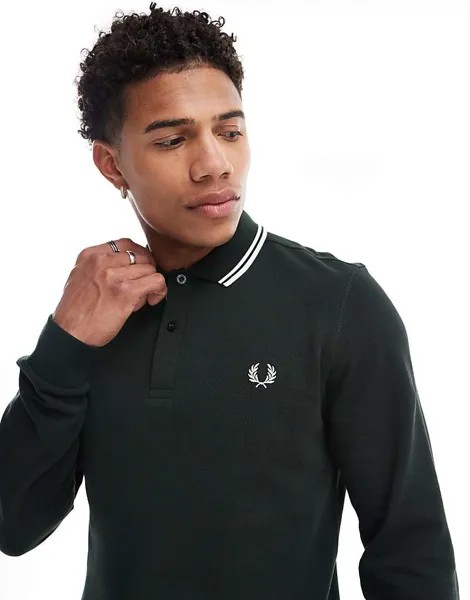 Темно-зеленая рубашка-поло с длинными рукавами и двойной отделкой Fred Perry