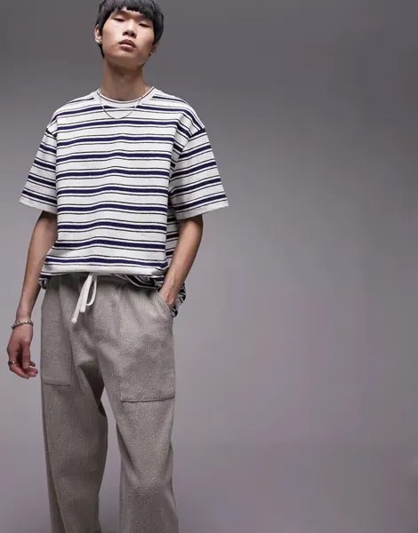 Темно-синяя футболка оверсайз премиум-класса с фактурными полосками Topman