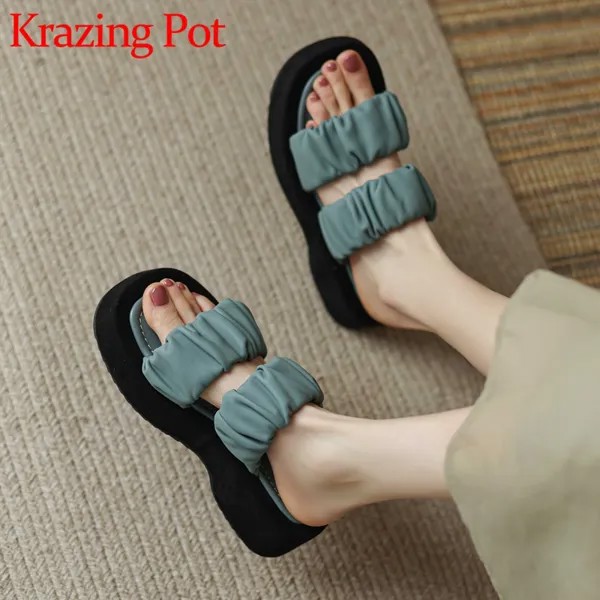 Шлепанцы Krazing Pot из натуральной кожи на толстой платформе, сланцы, плиссированная уличная одежда для молодых женщин, модные однотонные базов...