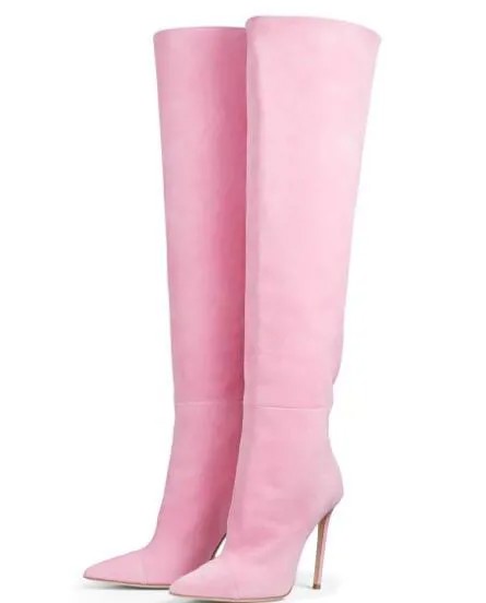 Женские замшевые ботфорты Dipsloot, синие, розовые, черные сапоги с острым носком, высокие сапоги выше колена на шпильке, большой размер 45