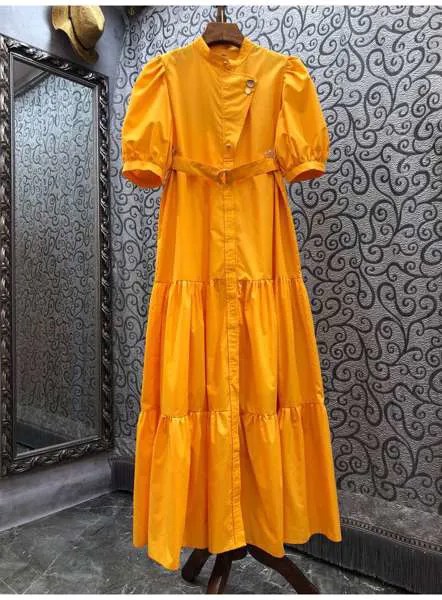 Женское длинное платье макси на пуговицах, повседневное длинное платье абрикосового и желтого цвета с поясом и коротким рукавом, весна-лето 2022