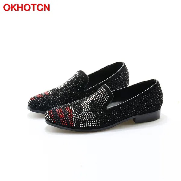 OKHOTCN/черные, красные, белые блестящие мужские лоферы со стразами; обувь для курения; повседневная обувь; свадебные модельные мужские туфли на плоской подошве из натуральной кожи