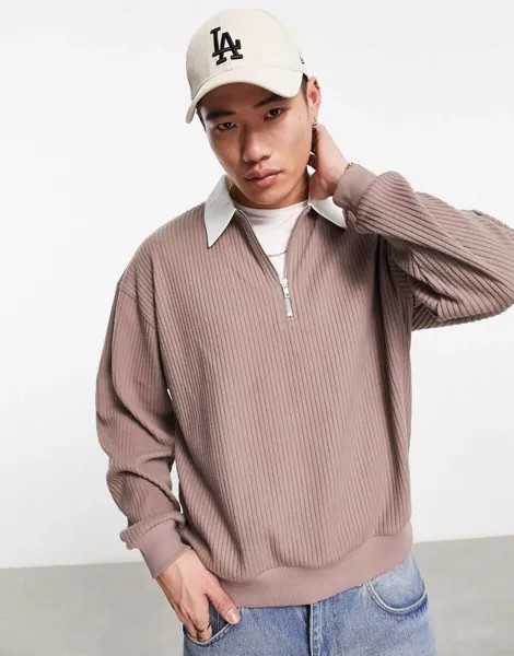Толстовка-поло оверсайз коричневого цвета в рубчик ASOS DESIGN