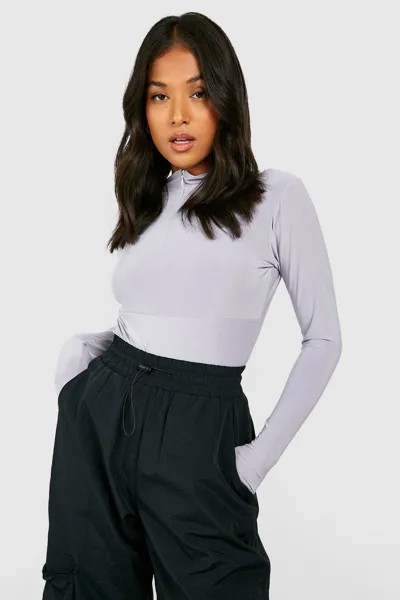 Боди petite rib с длинными рукавами на половине молнии Boohoo, серый