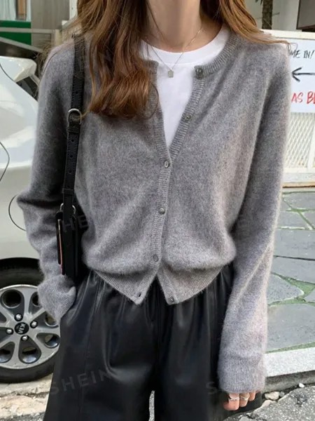 EZwear Рубашка с длинными рукавами, V-образный вырез, простой фасон, пуговицы спереди, большие размеры Shein, серый