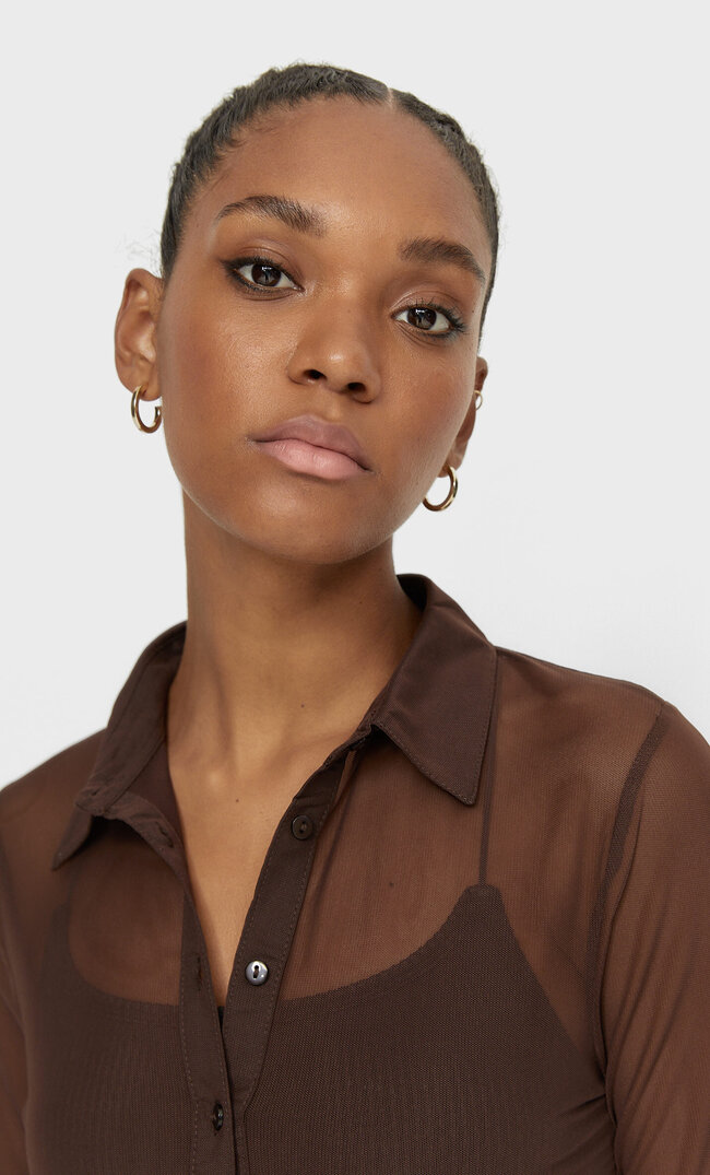 Stradivarius Рубашка Из Прозрачной Ткани Коричневый Xl