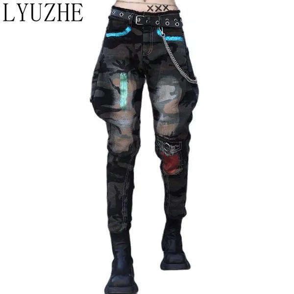 Женские узкие теплые джинсы LYUZHE, модные контрастные камуфляжные толстые шаровары с высокой талией, модель TT175L на весну 2022