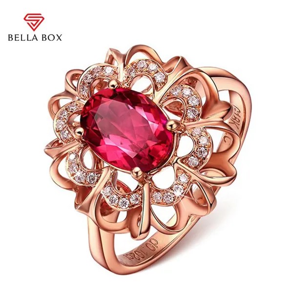 BELLA BOX 2ct Овал Красный Рубин Драгоценный камень Кольца для женщин Ювелирные изделия Розовое золото Романтическое обручальное кольцо NEW