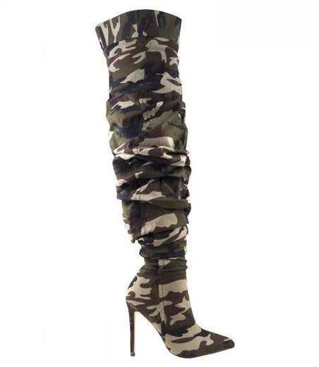 Джинсовые плиссированные высокие сапоги до бедра с острым носком на высоком каблуке-шпильке сапоги большого размера камуфляжные цвета женская обувь Новинка 2022