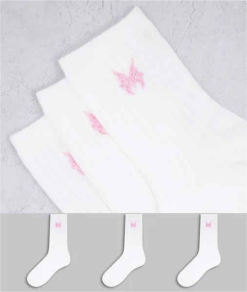 Набор из 3 пар белых носков из органического хлопка с вышитыми бабочками Weekday Bella-Белый
