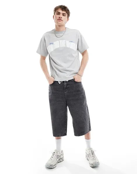 Свободная футболка светло-серого цвета вереска Dr Denim Trooper с вышивкой «Вокруг света» спереди
