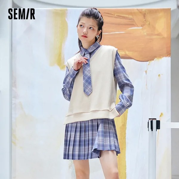 Костюм SEMIR женский в стиле преппи, новинка 2021 года, японское женское клетчатое платье, однотонный жилет, комплект из двух предметов для ранней осени