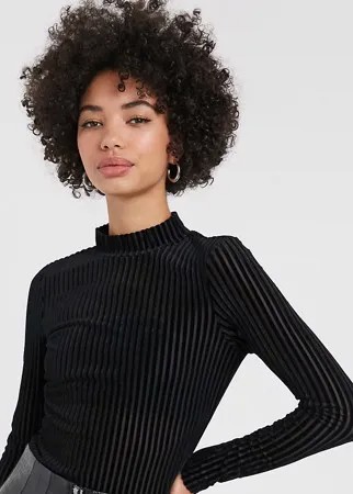 Черный бархатный лонгслив в рубчик Monki