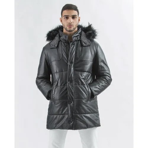 Кожаная куртка Gallotti зимняя, силуэт прямой, утепленная, ветрозащитная, карманы, быстросохнущая, подкладка, герметичные швы, отделка мехом, водонепроницаемая, внутренний карман, капюшон, съемный капюшон, размер 60, черный