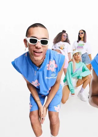 Голубая oversized майка с V-образным вырезом и сплошным цветочным принтом (от комплекта) ASOS Daysocial-Голубой