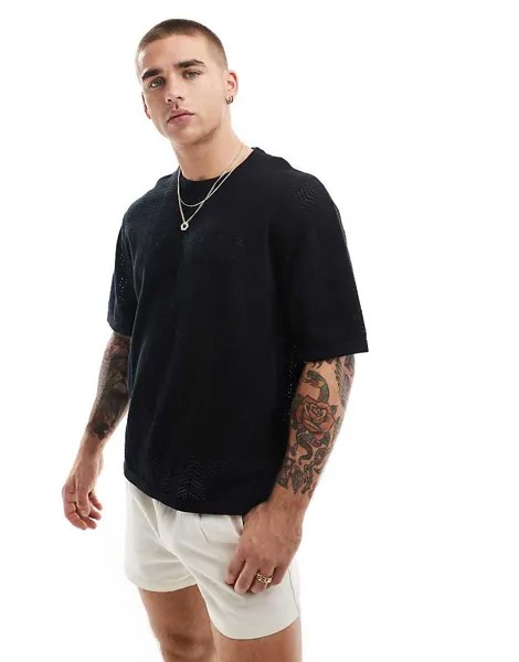Bershka – Черная футболка с фактурным узором «елочка»