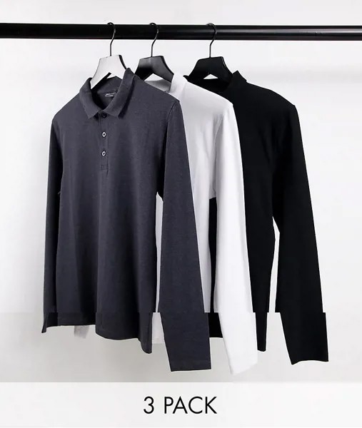 Набор из 3 поло разного цвета и облегающего кроя с длинными рукавами ASOS DESIGN-Разноцветный