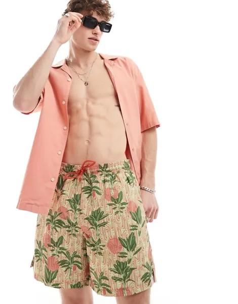 Зеленые шорты для плавания Hunky Trunks с фактурным принтом и принтом «Пальмы»