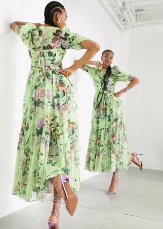 Зеленое платье макси с цветочным принтом и корсетной отделкой на лифе ASOS EDITION-Multi