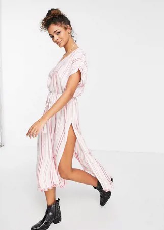 Платье миди с присборенной юбкой, завязкой на поясе и узором в розовую полоску En Crème-Розовый цвет