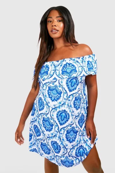 Платье из джерси с фарфоровыми рубками и платьем на одно плече Boohoo, синий