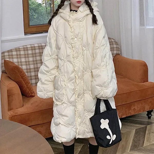 2022 японский Зимний пуховик с оборками и капюшоном, Корейская длинная куртка в стиле кавайный гриб Лолита, Женская хлопковая куртка для дево...