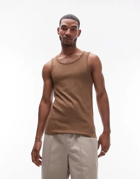 Topman - Майка в рубчик коричневого цвета, стираная