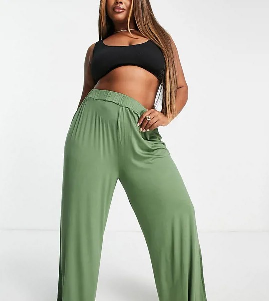 Трикотажные пляжные брюки-палаццо цвета хаки ASOS DESIGN Curve-Зеленый цвет