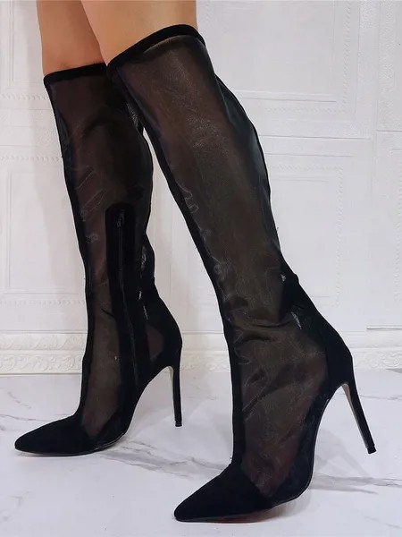 Milanoo Black Summer Boots Pointed Toe Sky High Stiletto Heel Mesh Micro Suede Knee High Boots