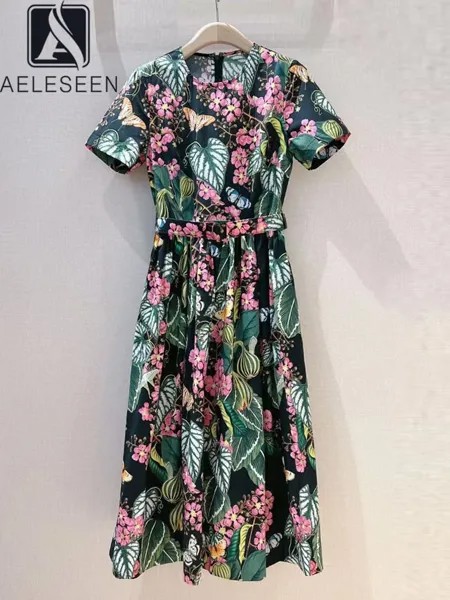 Женское платье из 100% хлопка AELESEEN, весенне-летнее платье с цветным цветком и поясом красного, черного и белого цветов, элегантные вечерние праздничные платья