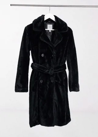 Черное удлиненное пальто из искусственного меха с поясом Urbancode-Черный