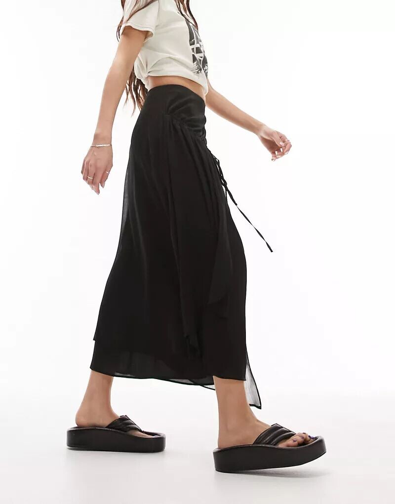Черная асимметричная юбка миди из мягкой грубой ткани ёрю Topshop