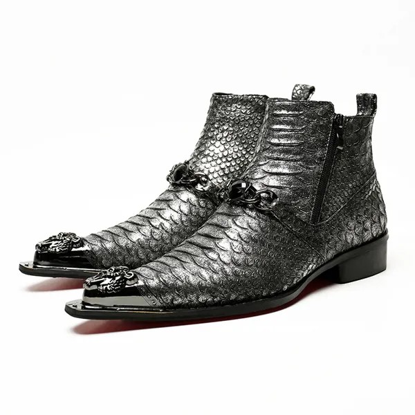 Модные Серебристые мужские ботильоны, зимние мотоциклетные ботинки из натуральной кожи, мужские классические ботинки с металлическим острым носком
