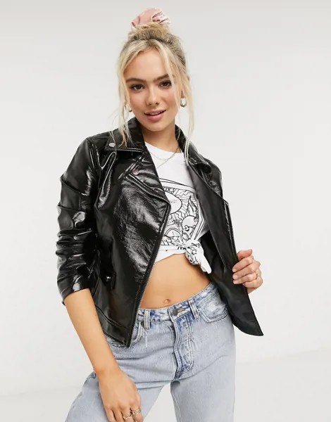 Черная байкерская куртка из искусственной лакированной кожи New Look-Черный