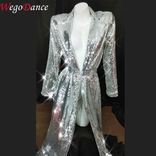 Новинка, женское серебряное пальто певицы с блестками, серебряная куртка для шоу на сцене, плащ на ремешке, костюм для выступлений