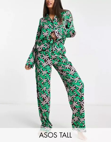 Рождественская атласная пижама с рубашкой и брюками ASOS DESIGN Tall Santa Baby зеленого и розового цвета