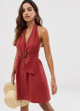 Льняной сарафан мини на пуговицах с пряжкой ASOS DESIGN-Красный