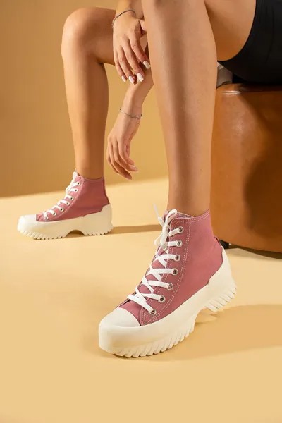 Льняные женские кроссовки на шнуровке на толстой подошве до щиколотки 57-102-23 Pembe Potin, розовый
