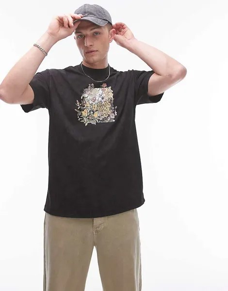 Черная футболка оверсайз Topman с цветочным принтом и рок-принтом Topman