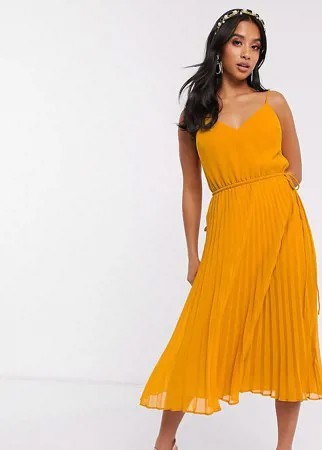 Плиссированное платье миди на бретелях со шнурком ASOS DESIGN Petite-Желтый