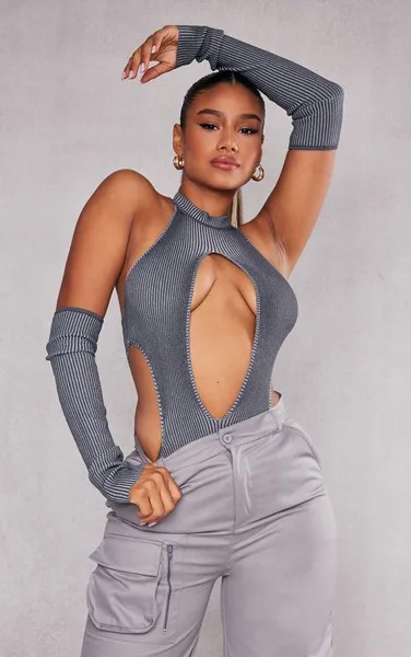 PrettyLittleThing Темно-серый двухцветный вязаный боди с вырезами и рукавами